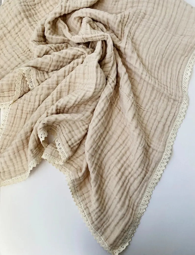 [Taupe] -LayeredMuslinBlanket-LaceTrim Main View 1