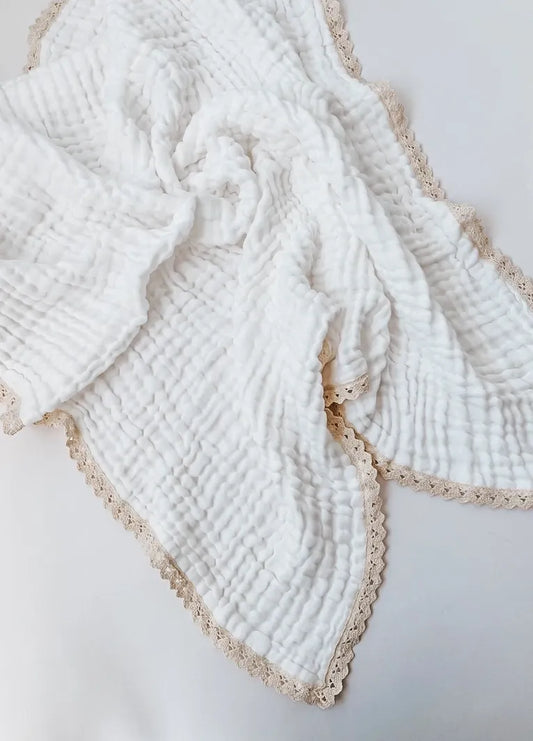 [White] -LayeredMuslinBlanket-LaceTrim